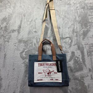 True Religion Tote Bag Medium Denim Canvas Leather Handles Adjustable Strap New